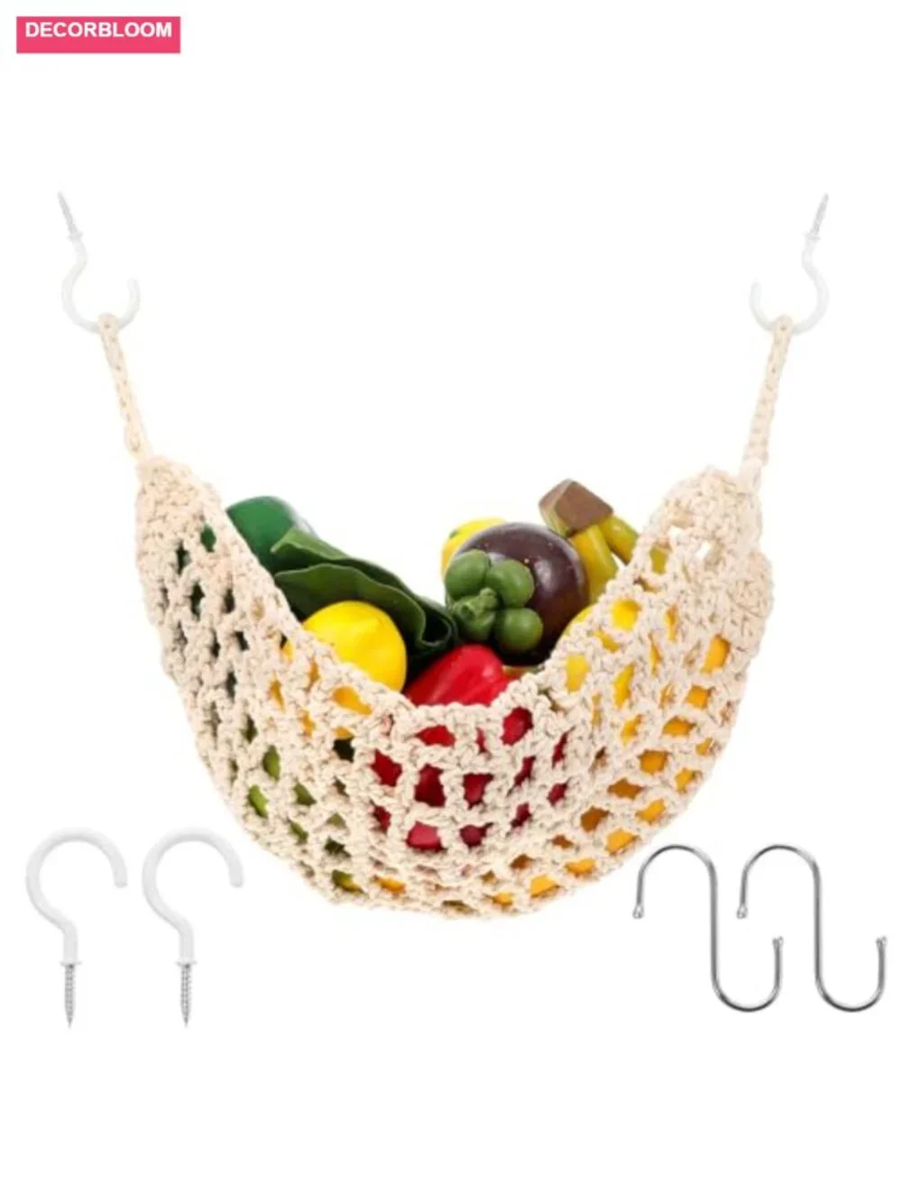 Hanging Fruit Hammock Macrame Basket Under Cabinet Storage Boho Hand-Woven